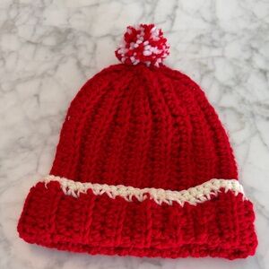 Red Crocheted Beanie with Pom Pom